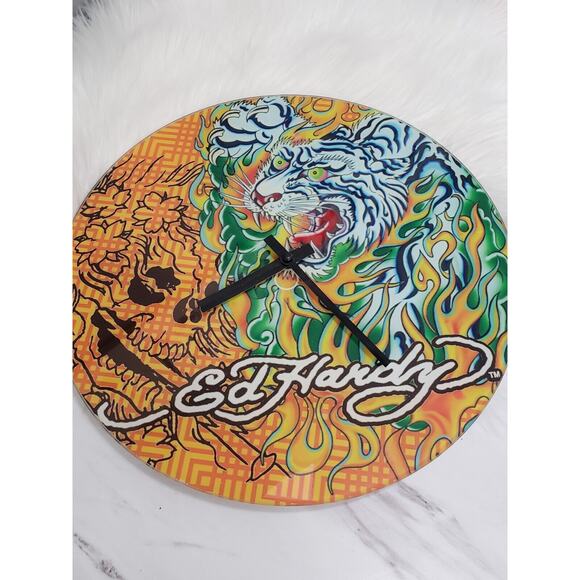 ED HARDY DECOR y2k Art ClockGlass Tiger Traditional Tattoo‎ Wall Vintage 90s - Picture 1 of 9